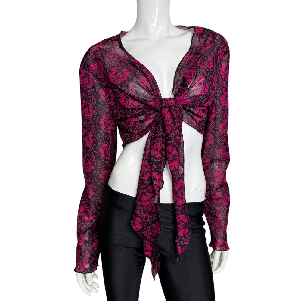 Pink Black Damask Mesh Tie Front Shrug Long Sleeve Cropped Top